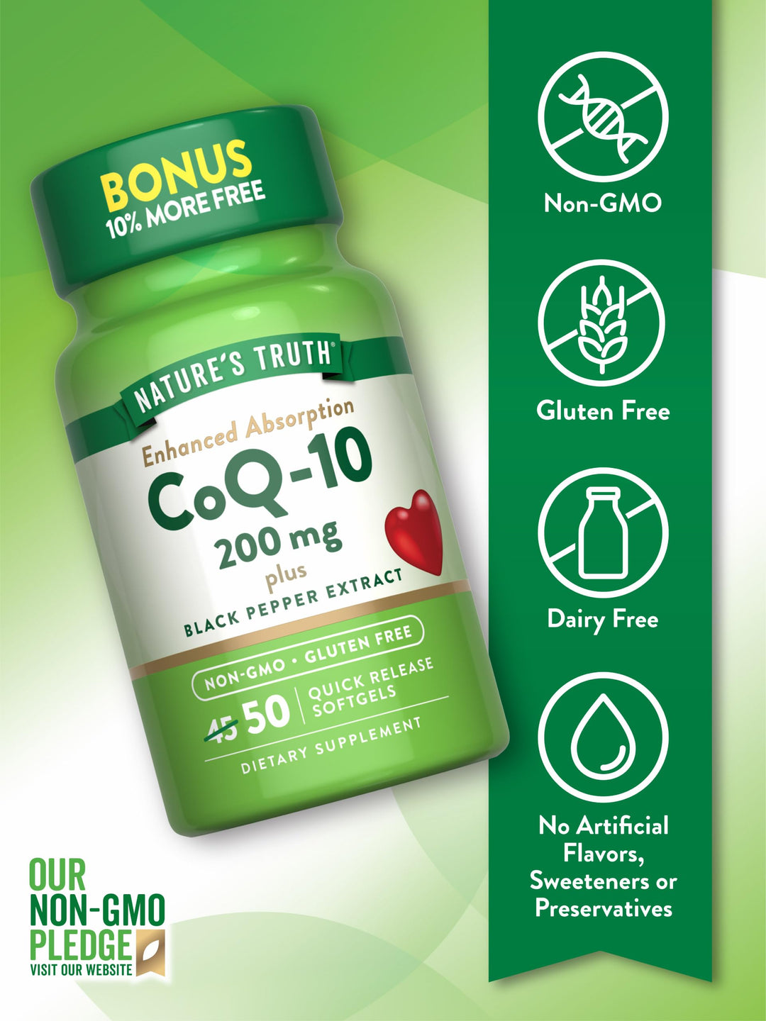 Nature's Truth CoQ10 200 mg Softgels | 50 Count | Enhanced Absorption Supplement | Plus Black Pepper Extract | Non-GMO, Gluten Free