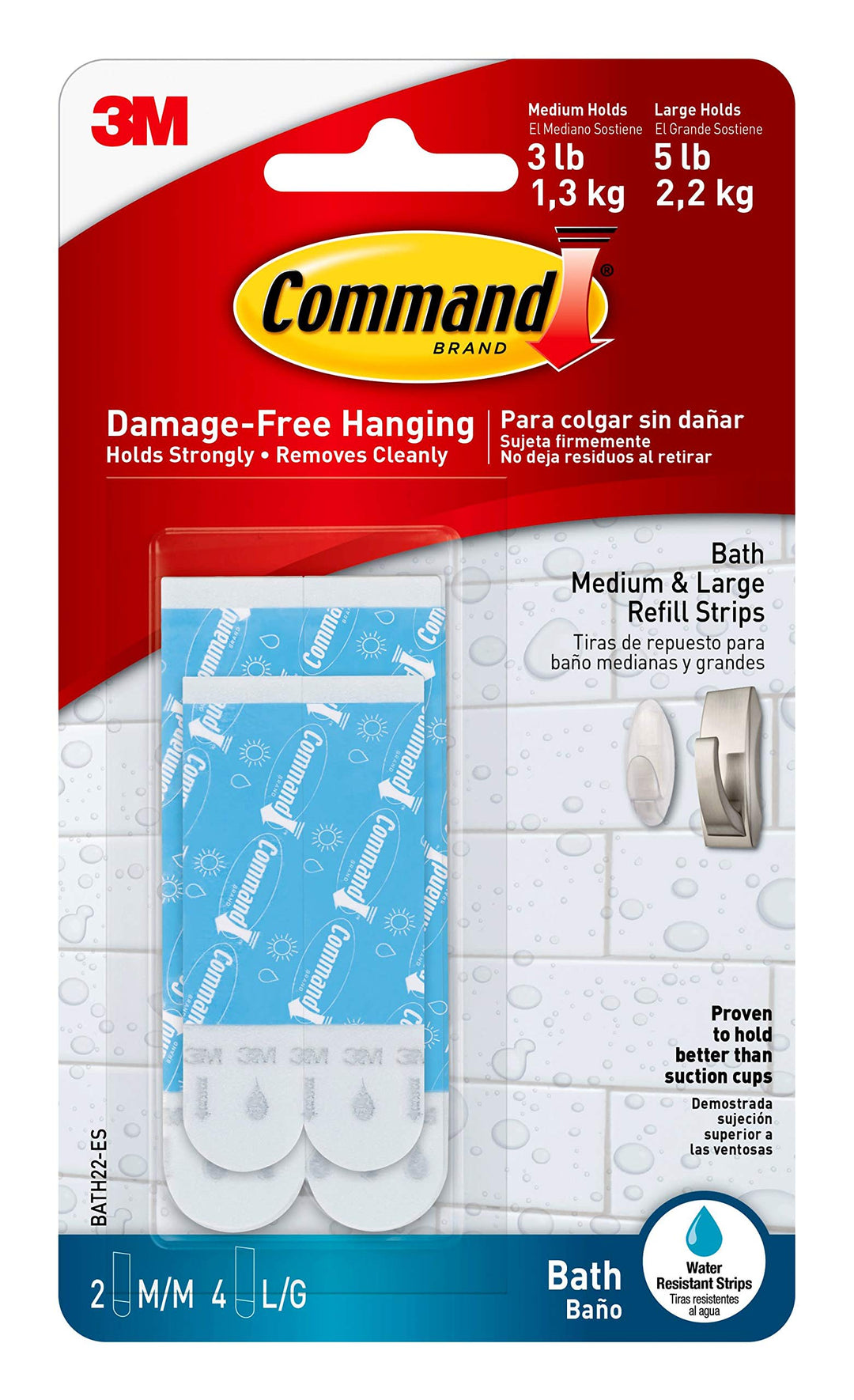 Bath Replacement Strips, Medium and Large Water-Resistant Adhesive Strips, Re-Hang Bath Hooks or Caddies, 2 Medium Strips, 4 Large Strips