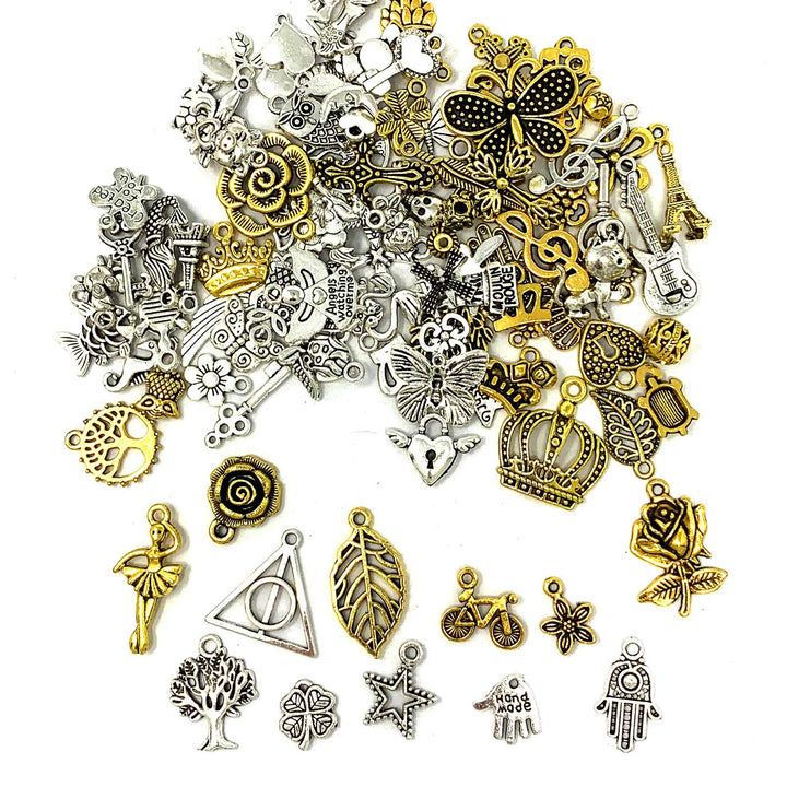 100 PCS Wholesale Bulk Lots Jewelry Making Charms Mixed Antique Silver&Golden Alloy Charms Pendants DIY for Necklace Bracelet Jewelry Making and Crafting