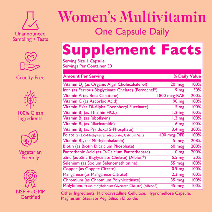 Women's Multivitamin - 19 Targeted Vitamins & Nutrients for Women - Supports Hair, Skin & Nails, Cognitive Health, Focus, & Heart Health - 1 Vegan Capsule Daily, 30 Day Supply