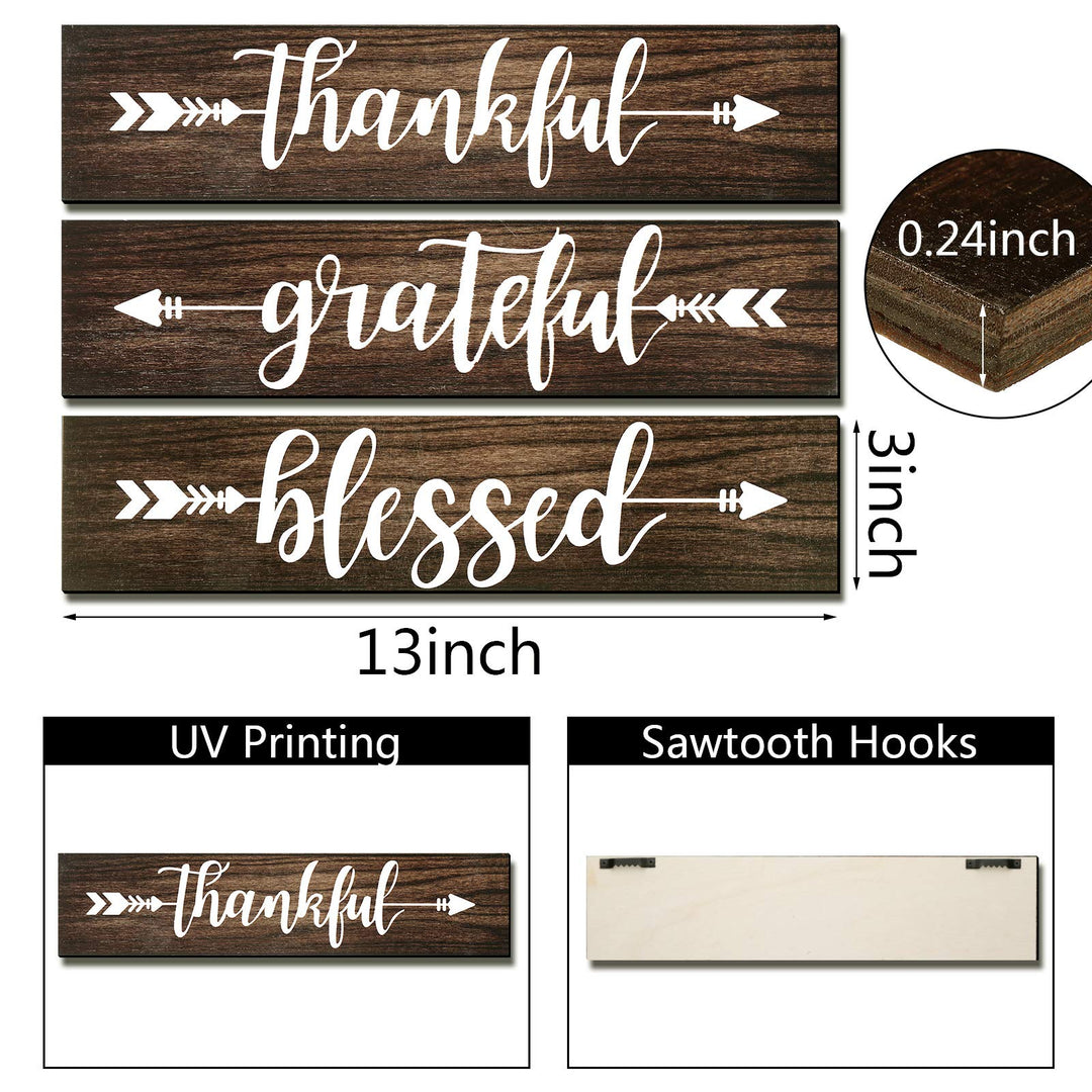 3 Pieces Thankful Grateful Blessed Wall Decor Thankful Wooden Signs Rustic Hanging Arrow Wall Signs Wall Art Decor for Farmhouse Outdoor Living Room Bedroom Kitchen Decorations (Brown)