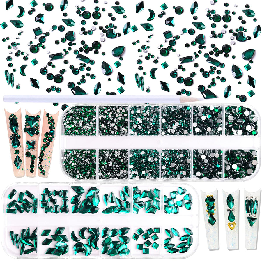 1620pcs Emerald Green Nail Rhinestones Green Crystals Glass Gems Stones Round Beads 6 Sizes (1.5-4mm) Flatback Multi Shapes Sizes With Picking Pen for Nail DIY Crafts Clothes Shoes Jewelry