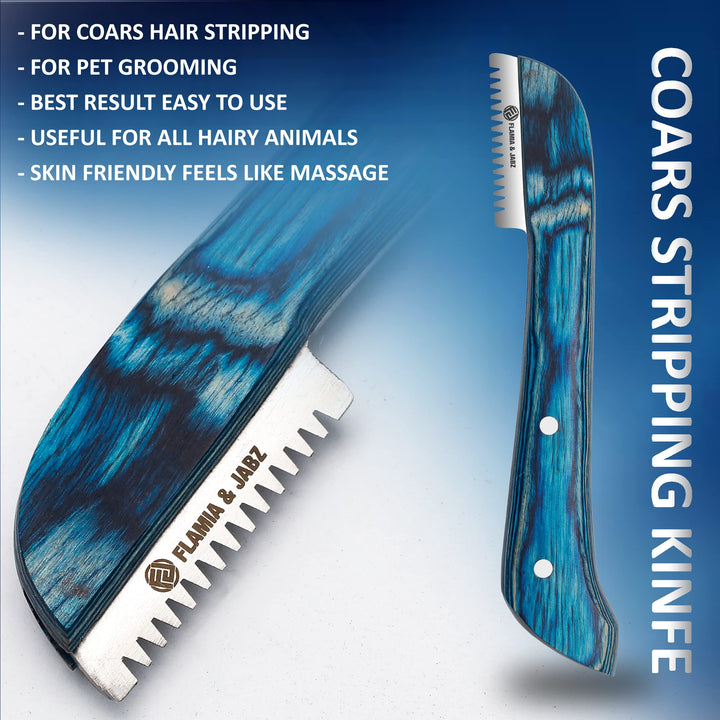 FLAMIA & JABZ FJ Professional Stripping Knife kit (6 pieces set) for Dogs & Pets, Wooden Handle Grip with Stainless Steel Blade (Right handed) (Blue)