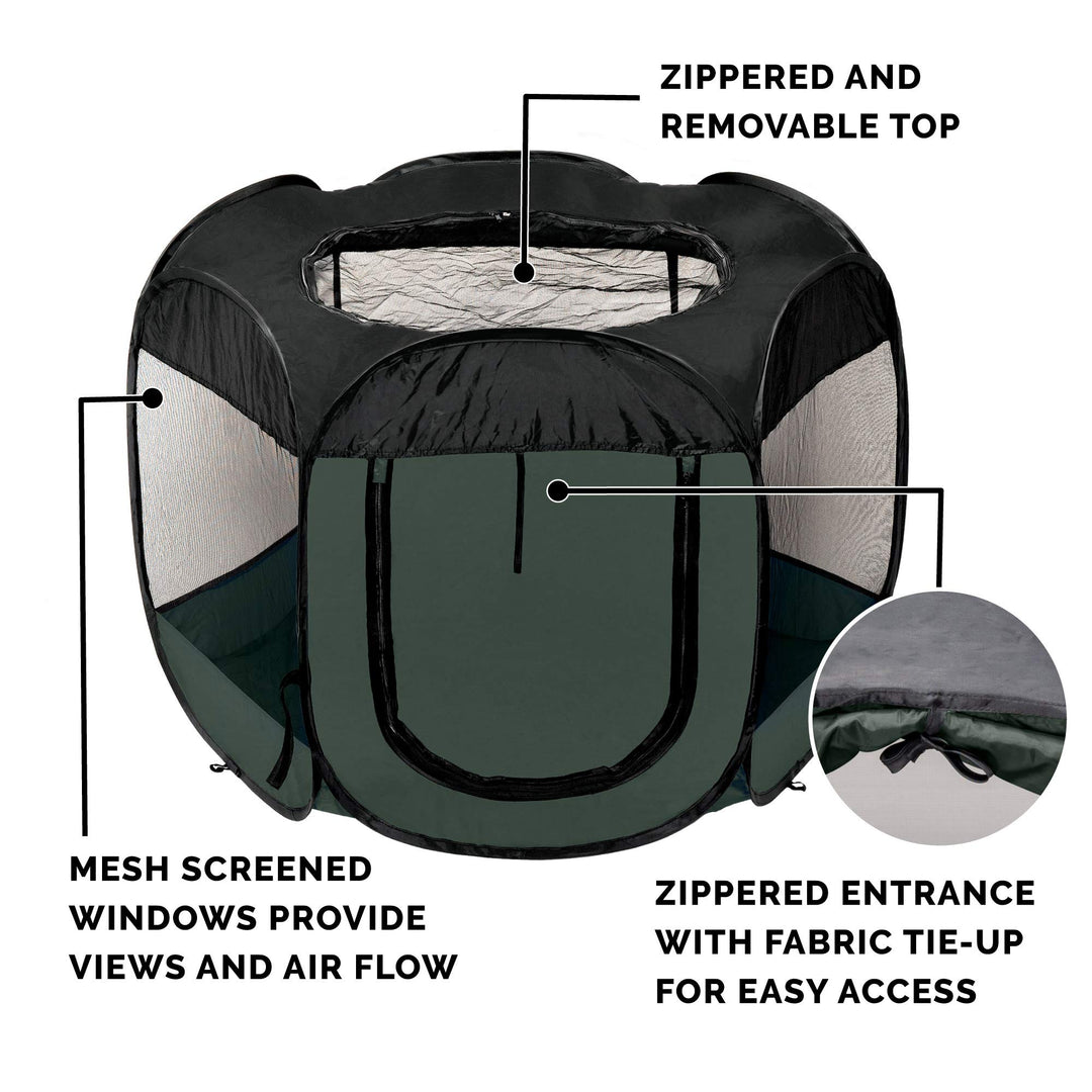 Portable Dog Playpen Cat Tent, Pet playground/kennel foldable indoor outdoor zippered puppy crate - Hunter Green, Small