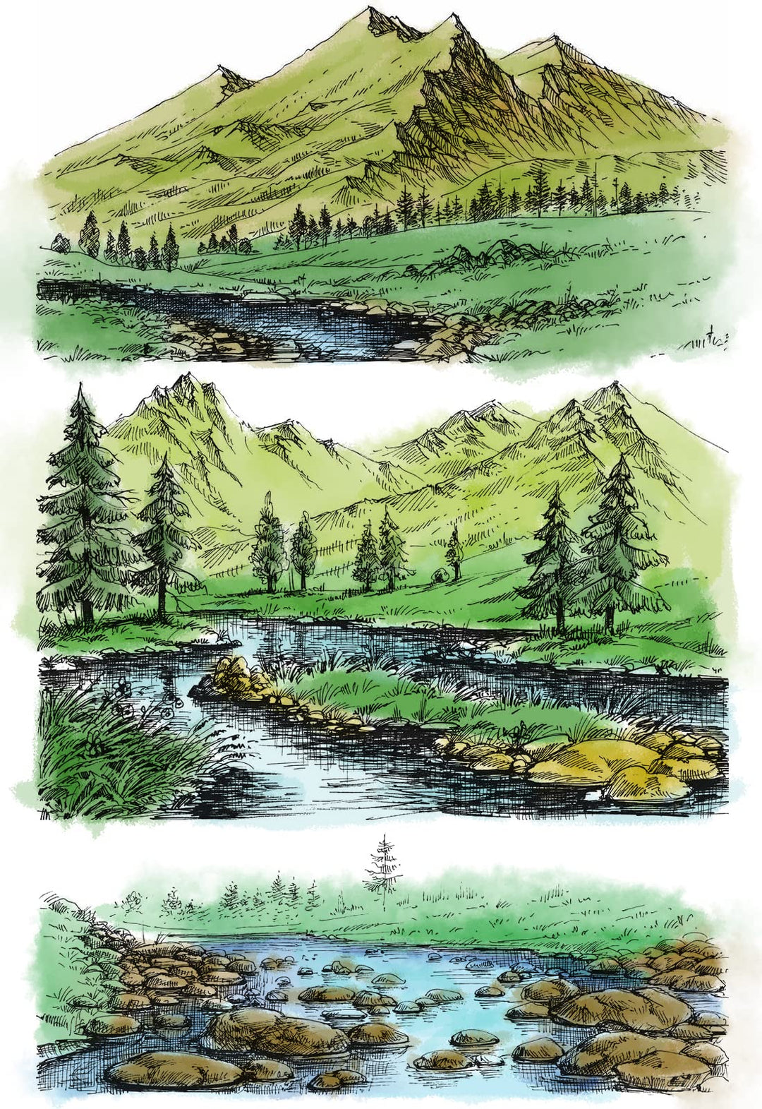 3 PCS Natural Scenery Clear Stamps for Card Making and Photo Album Decorations, Mountain River Background Transparent Rubber Stamps Seal for DIY Scrapbooking
