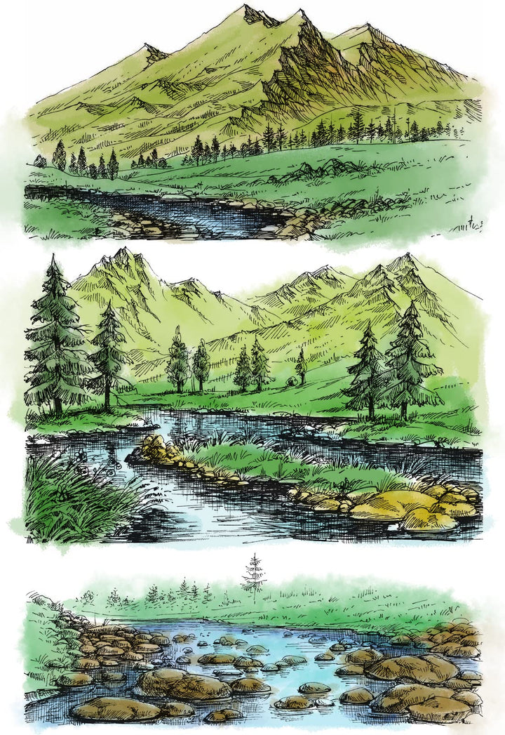 3 PCS Natural Scenery Clear Stamps for Card Making and Photo Album Decorations, Mountain River Background Transparent Rubber Stamps Seal for DIY Scrapbooking