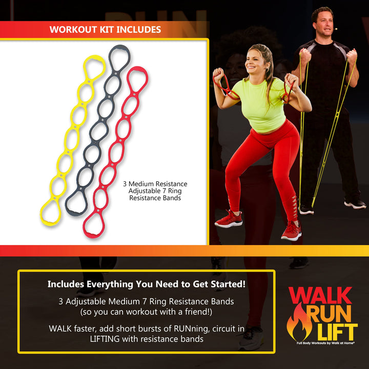 Walk Run Lift Band Bag Bundle with 7 Ring Resistance Bands, Happy Walking Firm Band, 1 DVD (3 Workouts) and Drawstring Bag for Home Workout Walking Exercise