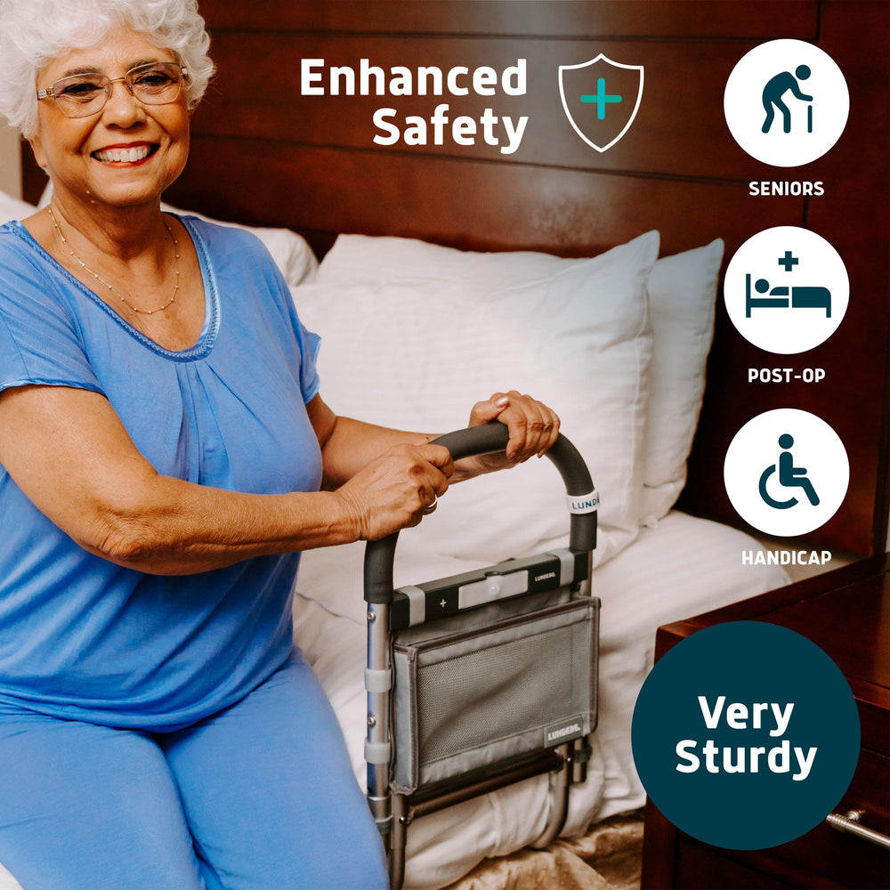 Bed Rails for Elderly Adults Safety - with Motion Light & Storage Pocket - Railings for Seniors & Surgery Patients - The Bed Cane Fits Any Bed & Makes Getting in & Out of Bed Much Easier