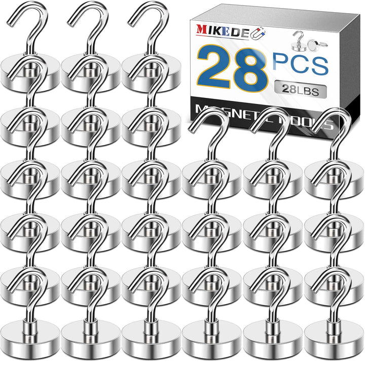 28LB Magnetic Hooks, N52 Strong Neodymium Magnets Hooks for Hanging, Earth Magnetic Hooks Heavy Duty for Refrigerator, Extra Cruise Hooks for Kitchen, Classroom, Workplace, Grill - 28PCS