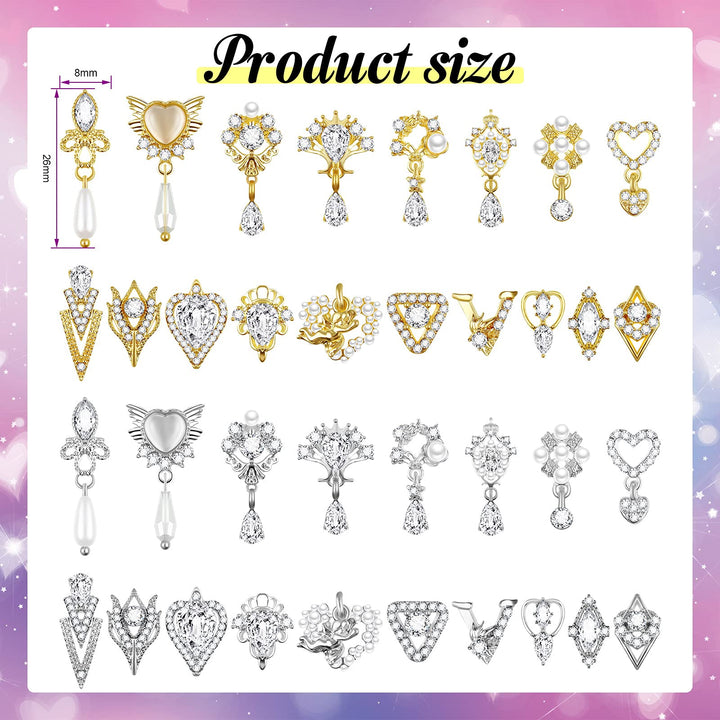 36 Pieces Heart Nail Art Rhinestones Pearl Crystal Nail Charms 3D Dangle Nail Charms Metal Nail Gems 3D Nail Jewelry for Nails DIY Accessories Supplies Jewelry Crafting, Gold, Silver, 18 Styles