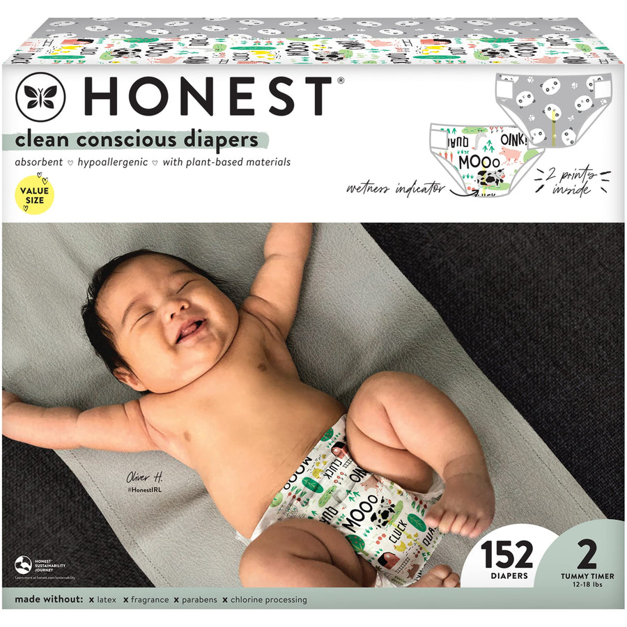 Clean Conscious Diapers | Plant-Based, Sustainable | Pandas + Barnyard Babies | Super Club Box, Size 2 (12-18 lbs), 152 Count