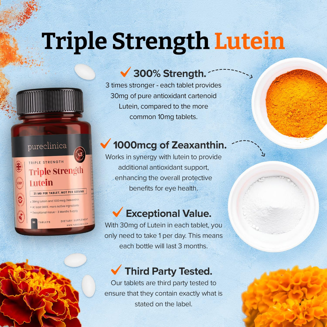 Triple Strength Lutein 30mg x 90 Tablets. with 1000mcg Zeaxanthin - 3 Months Supply