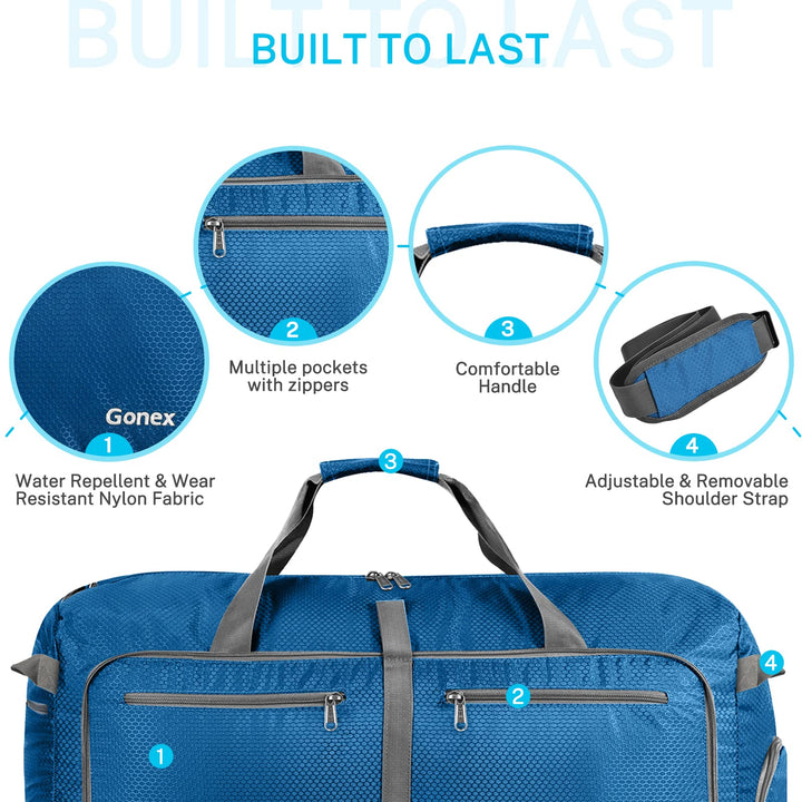60L Packable Travel Duffle Bag Foldable Duffel Bags for Luggage Gym Sports Camping Travelling Cycling Storage Shopping Water & Tear Resistant Deep Blue