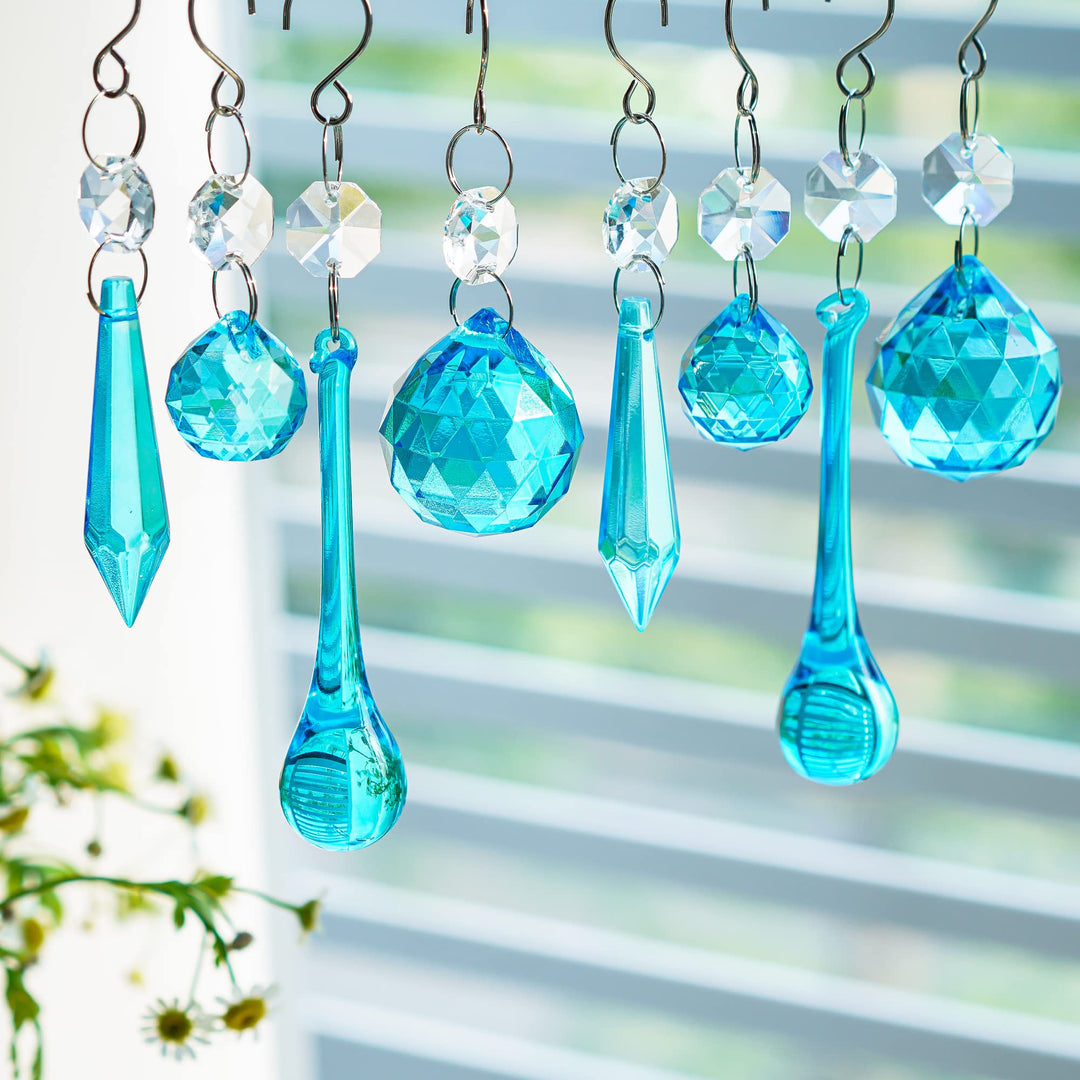 H&D 20PCS Blue Glass Crystal Teardrop Chandelier Prisms Parts Hanging Glass Crystal Pendants Beads Set