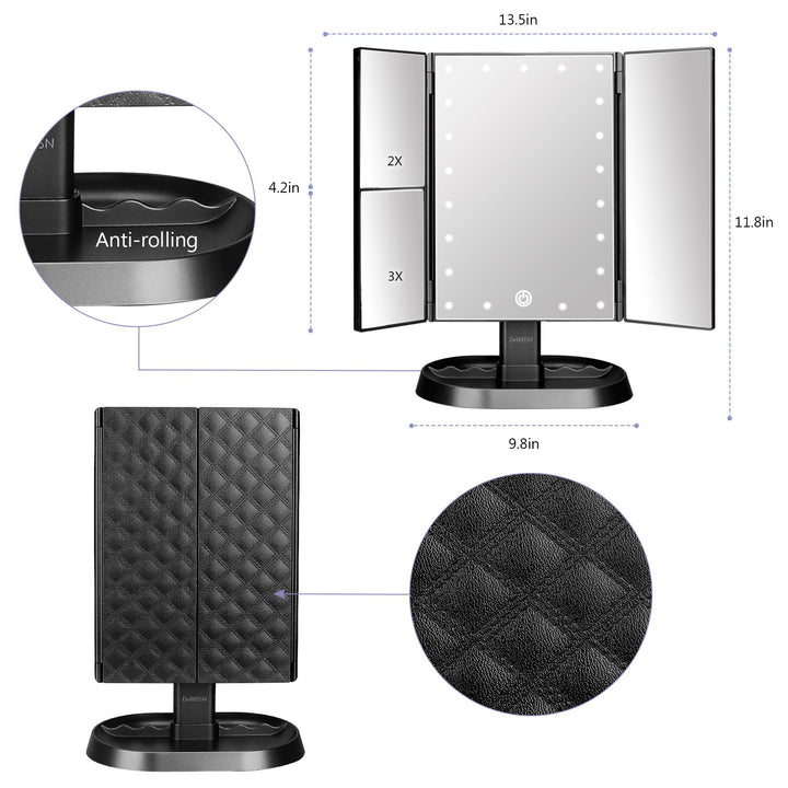 Trifold Lighted Vanity Makeup Mirror with 21 LEDs Lights,1x/2x/3x Magnification and Touch Screen Dimming,Two Power Supplies Makeup Mirror, Gift for Women