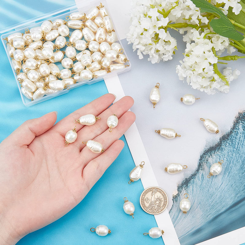 80Pcs 4 Style Pearl Pendant Connectors 17.5-25mm in Length Irregular Pearl Acrylic Links Pearl Bead Dangle Charms with Antique Golden Iron Pins for Earring Bracelet DIY Jewelry Making