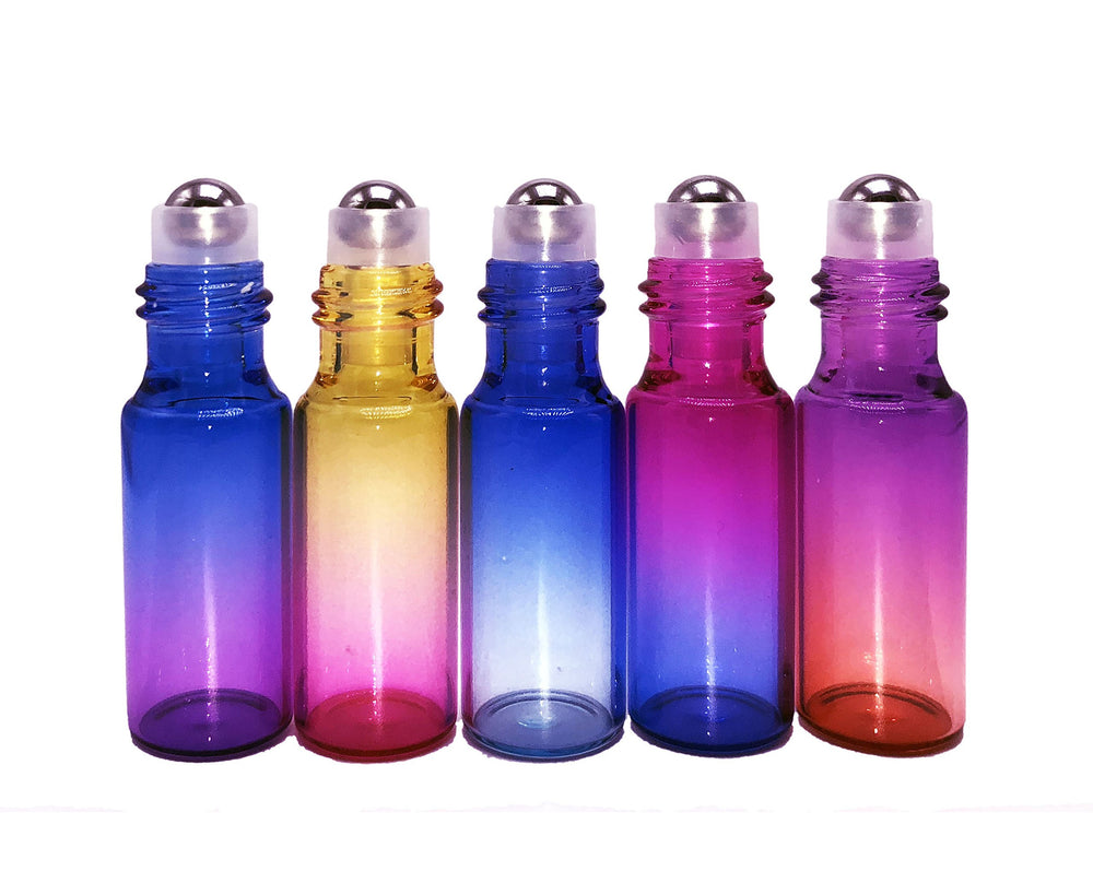 12 Pcs 5 ml Gradient Color Glass Roller Bottles Roll-on Bottles Vial Container with Stainless Steel Roller Balls and Gold Cap for Essential Oil Perfumes Liquid Aromatherapy+1pc 3 ml Droppers Included