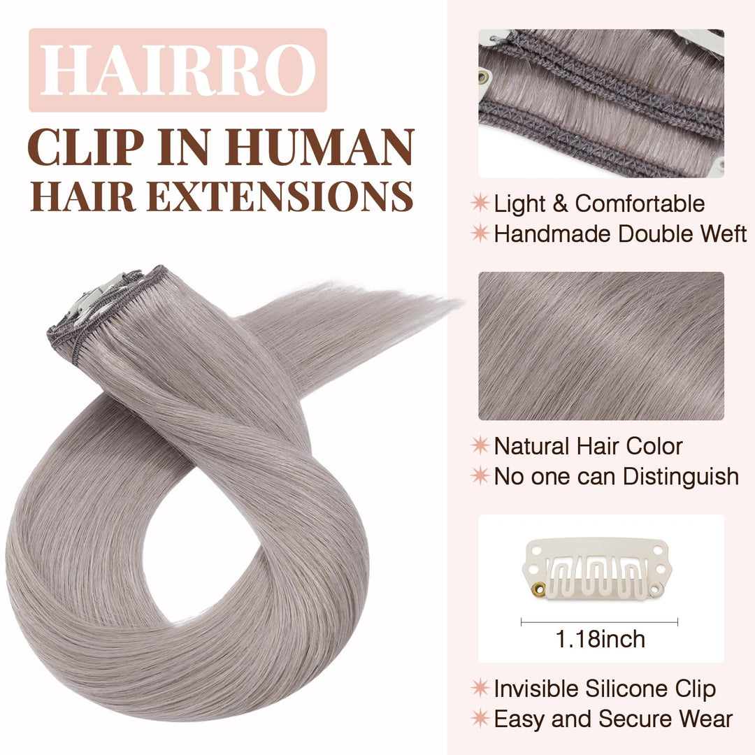 Clip in Hair Extensions 100% Human Hair Thin Grey 12 Inch Short Straight Human Hair Clip on Hairpieces 55g Machine Weft 8pcs 18 Clips for Women