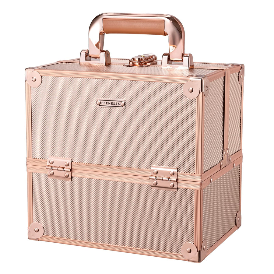 Makeup Train Case 10 Inch Travel Beauty Cosmetic Box Professional 4-trays Jewelry Storage Organizer with Lockable Portable for Women and Girls - Rose Gold