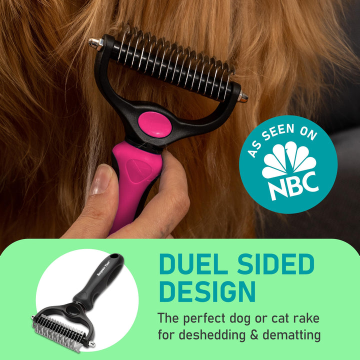 Hair Brush - Double Sided Shedding, Dematting Undercoat Rake for Dogs, Cats - Extra Wide Dog Grooming Brush, Pink