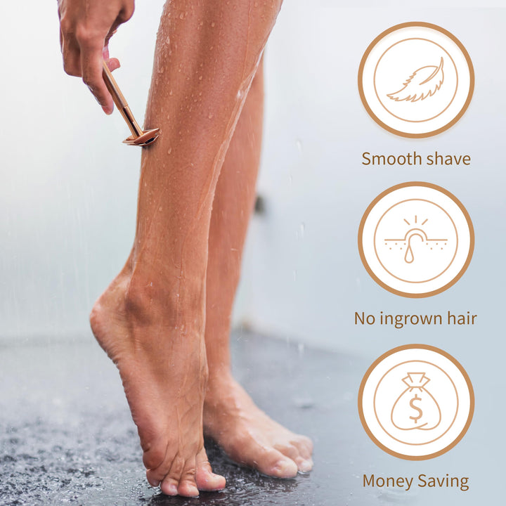 Double Edge Safety Razor with Stand, Women Razor with 5 Double Edge Safety Razor Blades, Plastic Free Metal Razor – Rose Gold