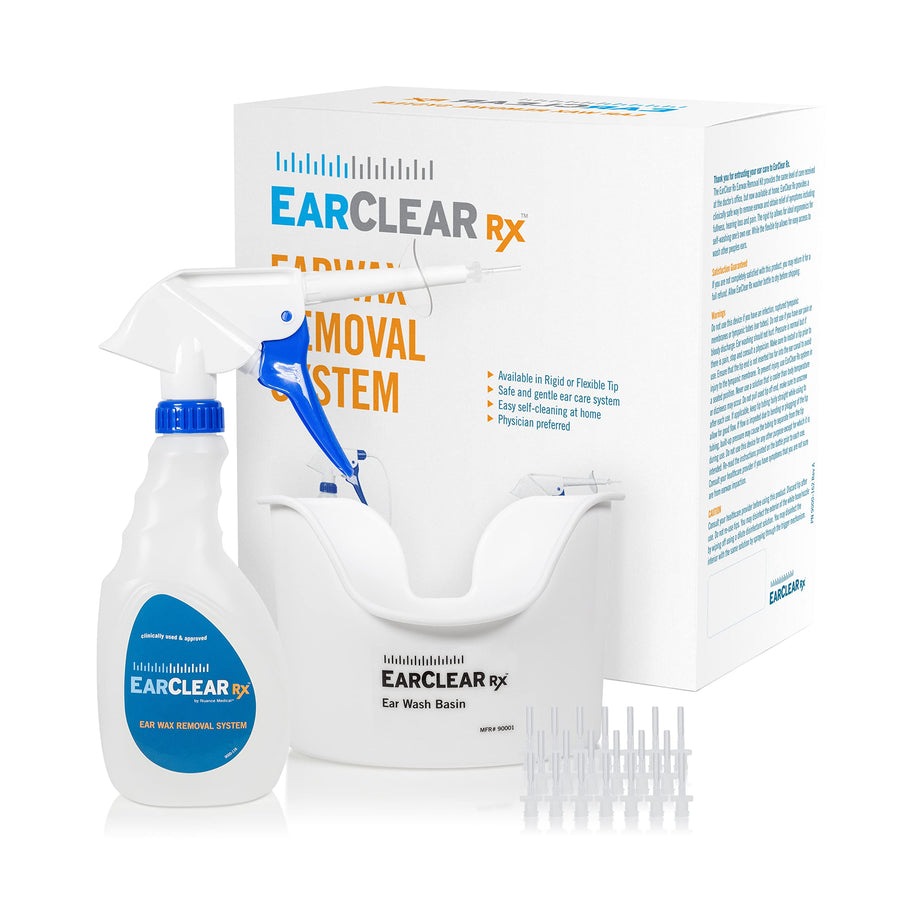 EarClear Rx Ear Wax Removal & Cleaning Kit with Rigid Tips. Ear-Safe Flush and Irrigation kit for Adults & Children. Includes Basin and Replacement Tips