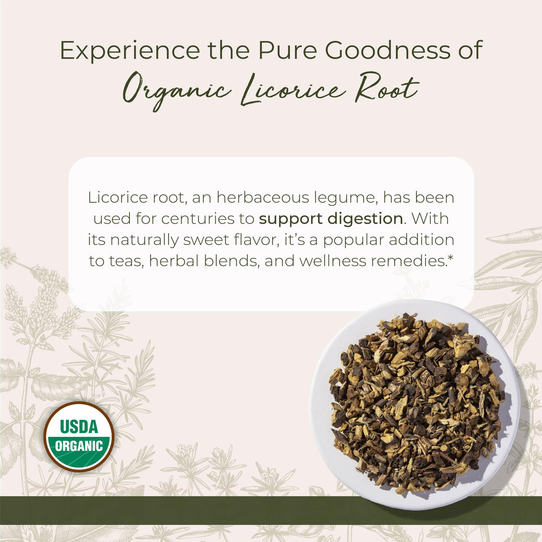 Organic Dried Licorice Root - Herb for Loose Leaf Tea Blends, Candy, & Baked Goods, Cut & Sifted, Certified Kosher, Non-GMO - Bulk 1 lb Bag
