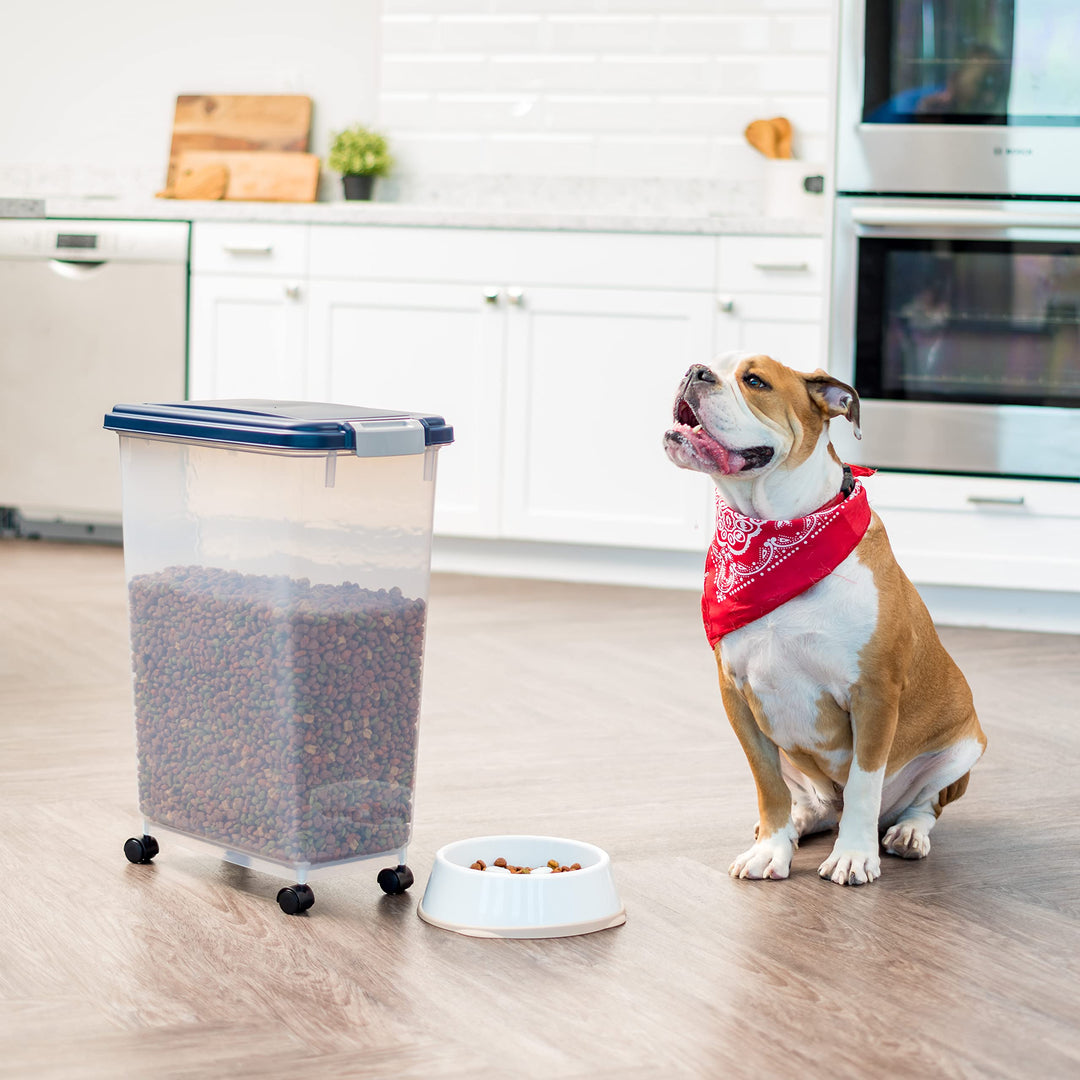 IRIS USA Airtight Dog Food Storage Container, Up to 38 lbs, Attachable Wheels, For Dog Cat Bird and Other Pet Food Storage Bin, Keep Fresh, Translucent Body, Easy Mobility, Navy