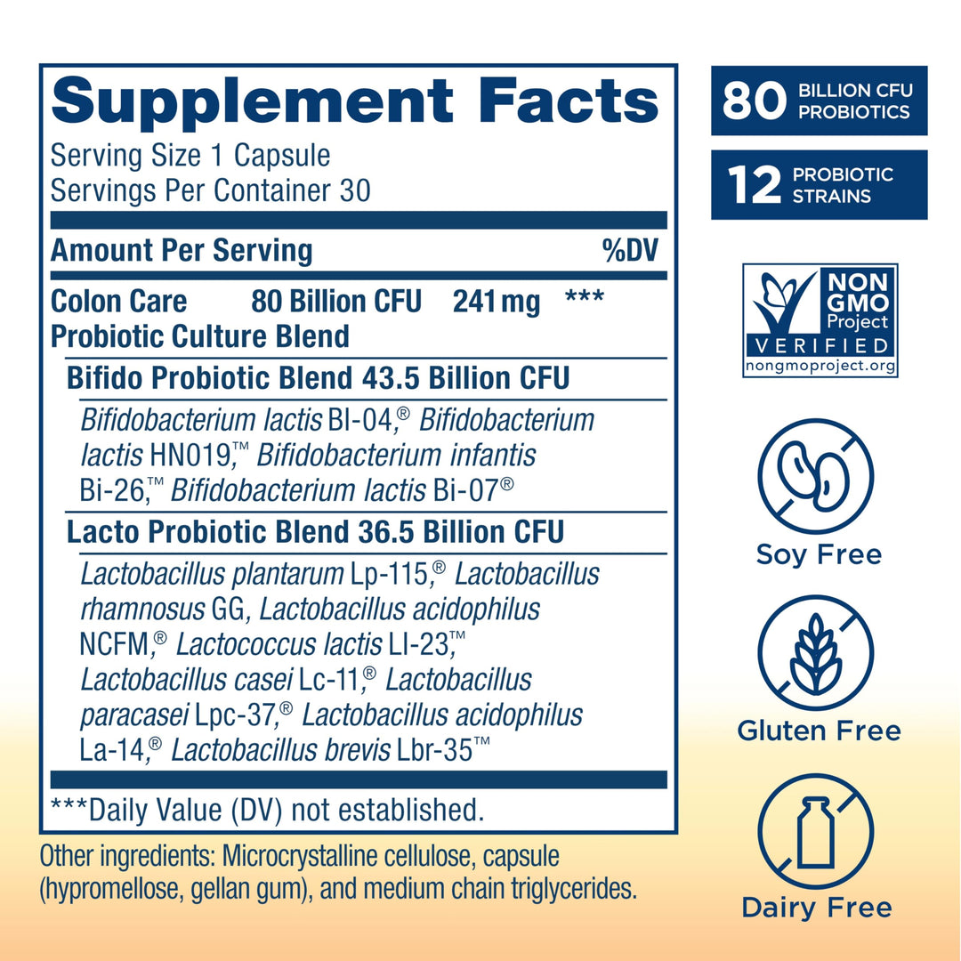 Probiotic Colon Care Probiotic Capsules, Daily Supplement Offers Colon Support, L. Rhamnosus GG, Dairy, Soy and gluten-free, 80 Billion CFU, 30 Count