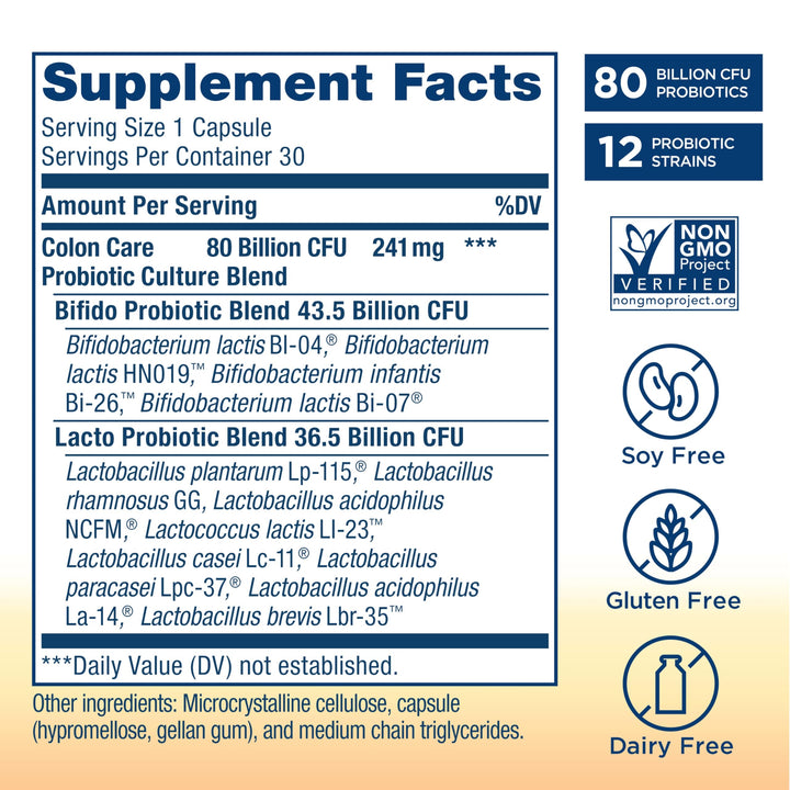 Probiotic Colon Care Probiotic Capsules, Daily Supplement Offers Colon Support, L. Rhamnosus GG, Dairy, Soy and gluten-free, 80 Billion CFU, 30 Count
