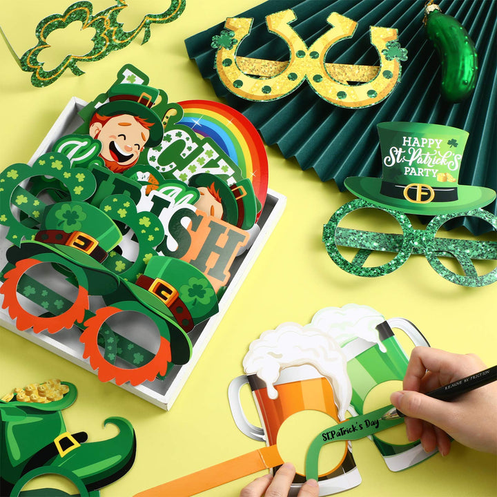 24 Pieces St. Patrick's Day Eyeglasses, Green Lucky Irish Shamrock Leprechaun Paper Glasses Frame Favors Photo Booth Props Decoration for St. Patrick's Day Party Lucky Day Home Party Favors Supplies