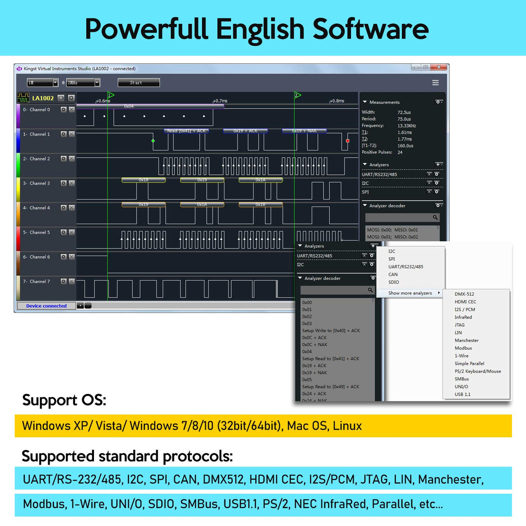 LA1010 USB Logic Analyzer 16 Input Channels 100MHz with The English PC Software Handheld Instrument,Support Windows (32bit/64bit),Mac OS,Linux