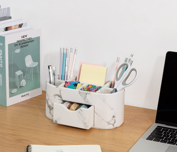 Marble Desk Organizer For Office Supplies Desk Accessories - Pencil Pen Holder Decor - Home School College Organization Desktop Caddy - Faux Leather