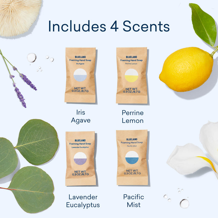 Hand Soap Starter Set - 1 Refillable Glass Foaming Hand Soap Dispenser + 4 Tablets Refills | Iris Agave Scent | Eco Friendly Hand Soap | Makes 4 x 9 Fl oz bottles (36 Fl oz total)