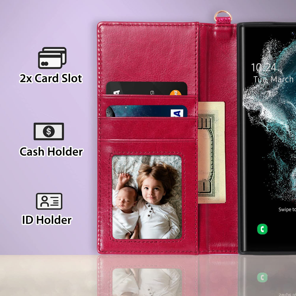 Wallet Case Compatible Galaxy S22 Ultra Flip Folio Cover with Card Slots Kisckstand Wrist Strap Girls Women Glitter PU Leather Compatible with Samsung Galaxy S22 Ultra Glitter Rose Red