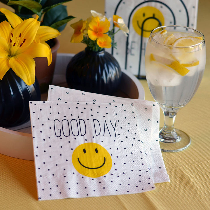 60 Count Smiley Face Party Napkins, 3 Packs of 20, 3 Ply Paper, Luncheon Size 6.75 x 6.75 Inches, Yellow and Black on White