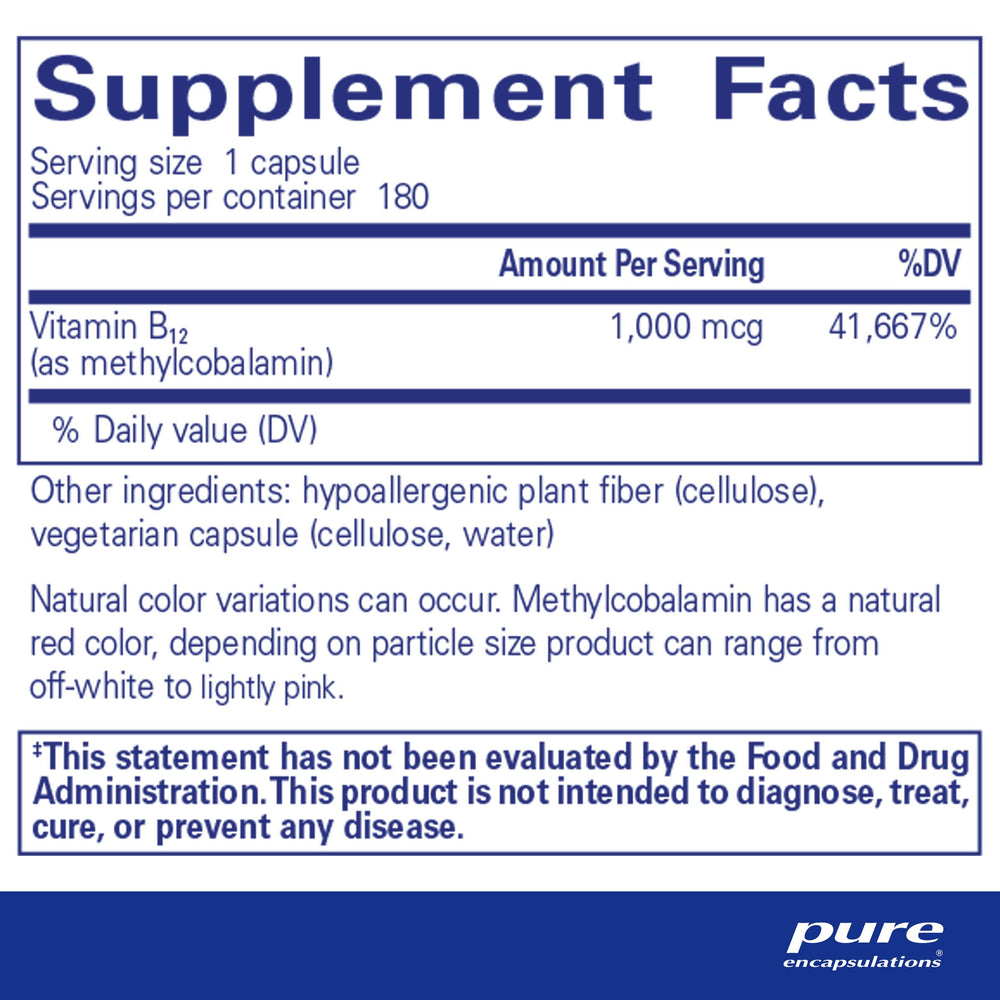 Methylcobalamin 1,000 mcg - Vitamin B12 Supplement to Support Memory & Nerve Health - Premium Vitamin B12 Capsules - 180 Capsules