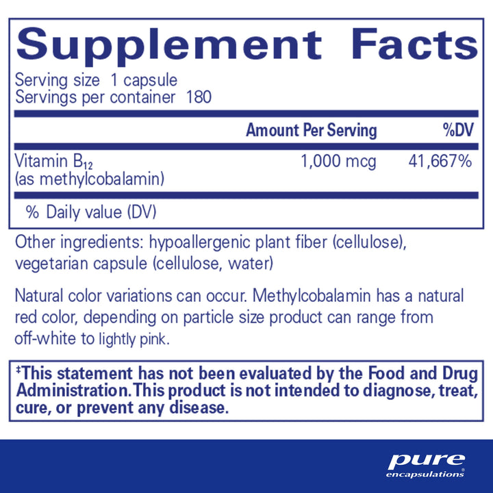 Methylcobalamin 1,000 mcg - Vitamin B12 Supplement to Support Memory & Nerve Health - Premium Vitamin B12 Capsules - 180 Capsules