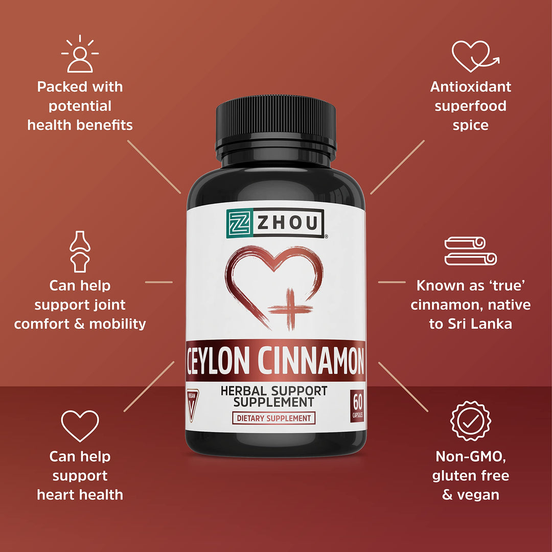 Zhou Ceylon Cinnamon | Supports Heart Health and Joint Mobility | True Cinnamon Native to Sri Lanka | 30 Servings, 60 CT