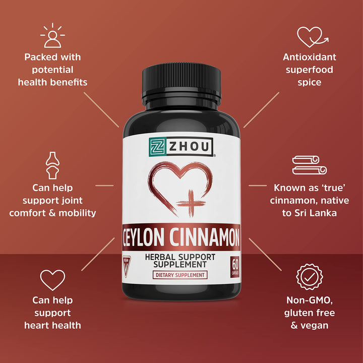 Zhou Ceylon Cinnamon | Supports Heart Health and Joint Mobility | True Cinnamon Native to Sri Lanka | 30 Servings, 60 CT