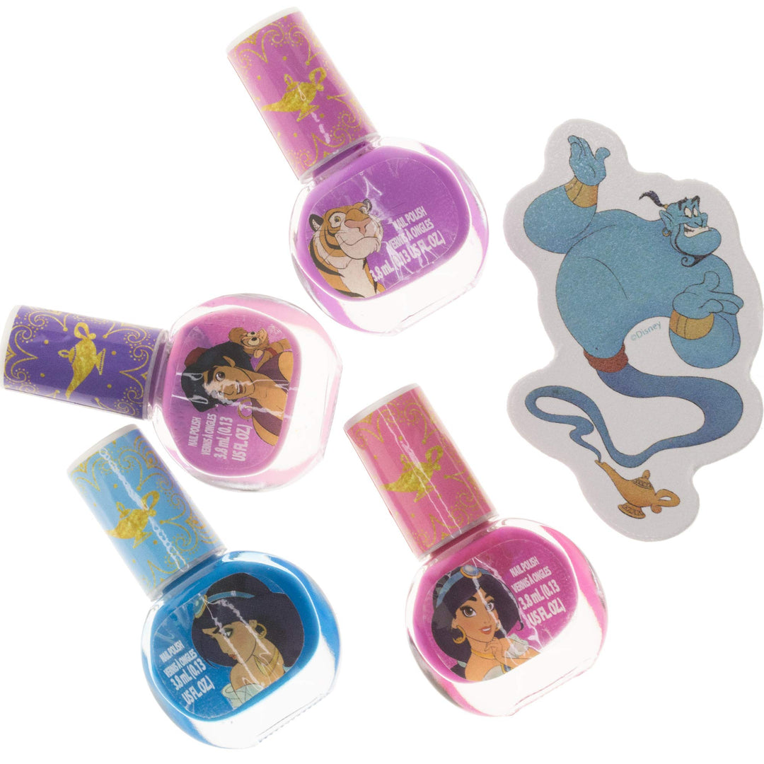 Disney Aladdin Non-Toxic Peel-Off Nail Polish Set with Nail File and Glitter Bag for Girls, Opaque Colors, Ages 3+ (4 Pack), 5 Count
