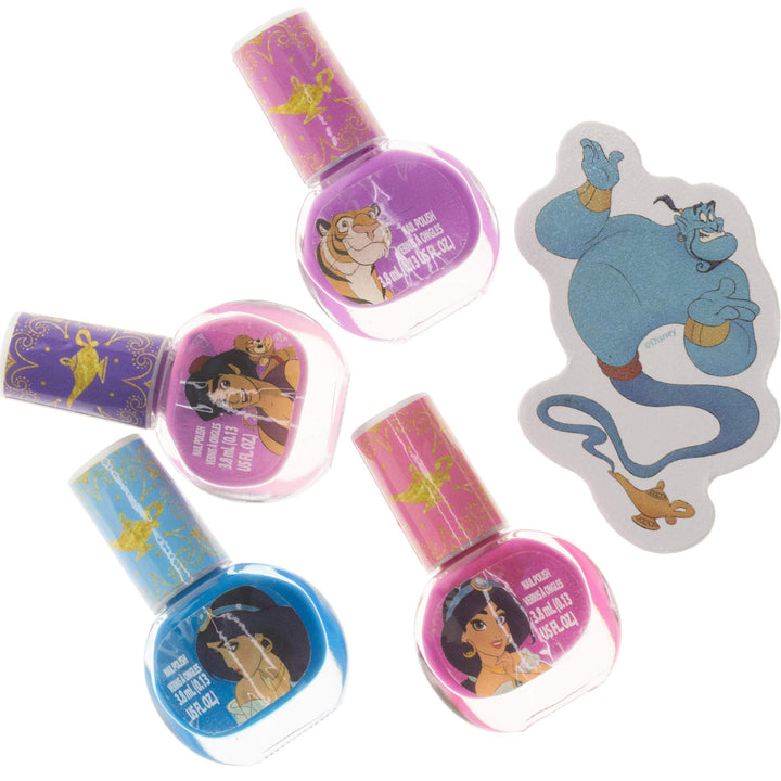 Disney Aladdin Non-Toxic Peel-Off Nail Polish Set with Nail File and Glitter Bag for Girls, Opaque Colors, Ages 3+ (4 Pack), 5 Count