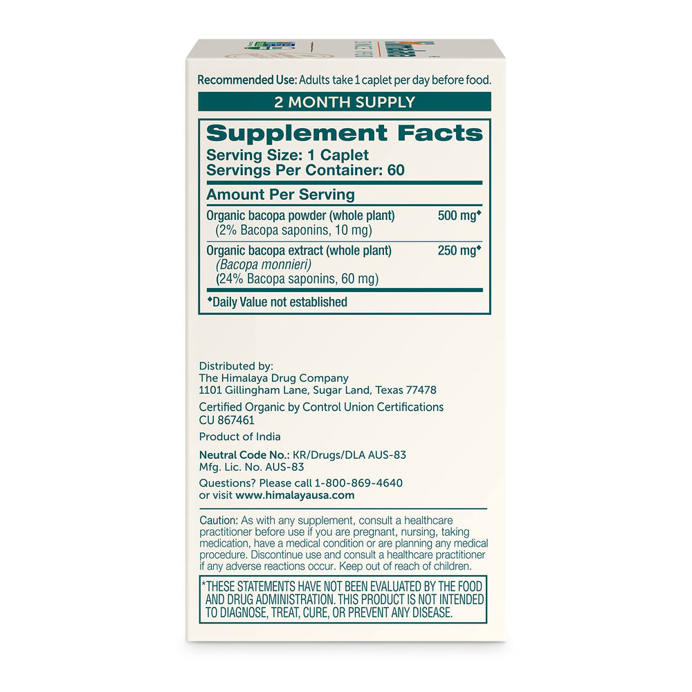 Organic Bacopa Monnieri Nootropic Herbal Supplement, Supports Calm, Memory, Cognition, USDA Certified Organic, Non-GMO, 750 mg, 60 Plant-Based Caplets, 60 Day Supply