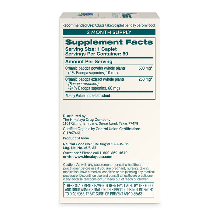 Organic Bacopa Monnieri Nootropic Herbal Supplement, Supports Calm, Memory, Cognition, USDA Certified Organic, Non-GMO, 750 mg, 60 Plant-Based Caplets, 60 Day Supply