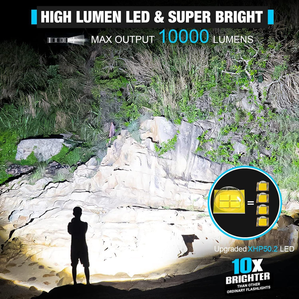 Rechargeable Tactical LED Flashlights,Super Bright 10000 Lumens Flashlight High Lumen(for Camping and Hiking) with Waterproof,Zoomable,Small Flashlight for Emergency