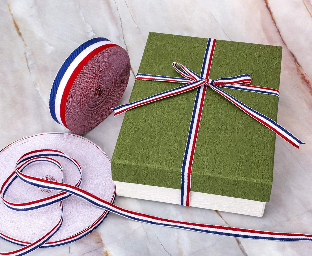 50 Yards 3/8 Inch Red/White/Blue Stripe Grosgrain Ribbon Double Face Polyester Colorful Ribbon for Crafts DIY Gift Package Wrapping (Red/White/Blue Stripe)
