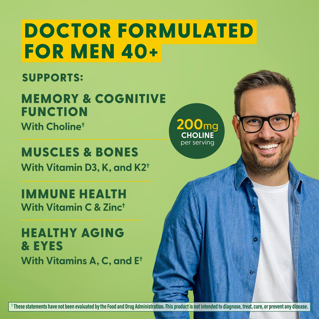 Men's 40+ Advanced Multivitamin for Men - Dr-Formulated - Choline, Vitamin B, Vitamin C, Vitamin D, Zinc & Real Food - Brain Health, Immune Support - Vegetarian - 60 Tabs (30 Servings)
