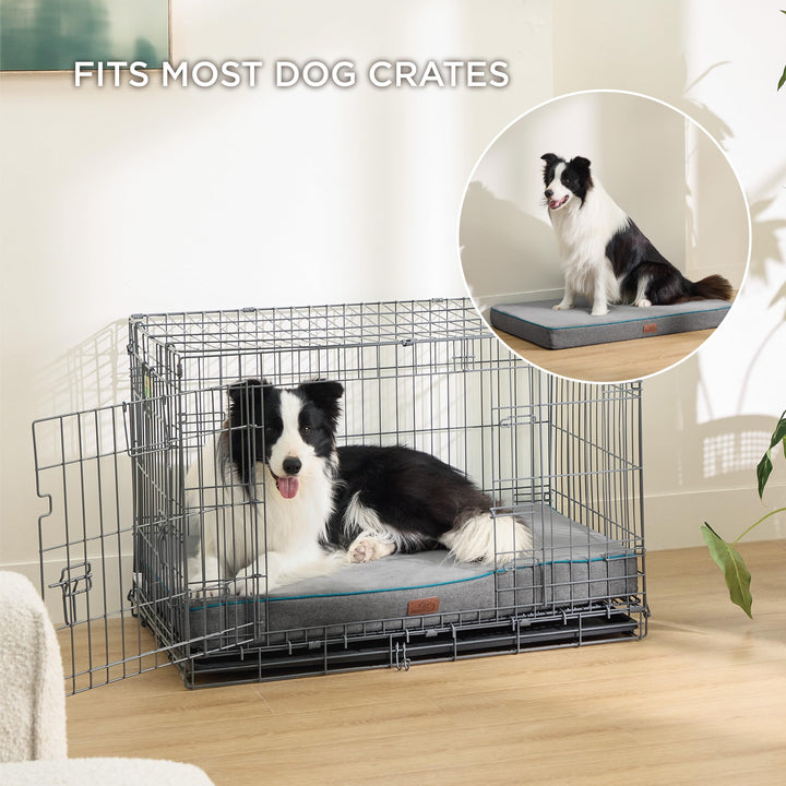 Memory Foam Dog Bed for Large Dogs - Orthopedic Waterproof Pet Mat for Crate with Removable Washable Cover and Nonskid Bottom - Water-Resistant Plush Flannel Fleece Top Pet Bed, Grey