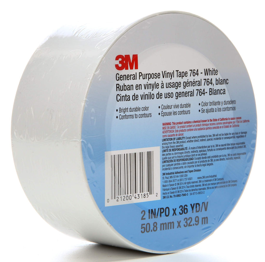 Vinyl Tape 764, General Purpose, 2 in x 36 yd, White, 1 Roll, Light Traffic Floor Marking Tape, Social Distancing, Color Coding, Safety, Bundling