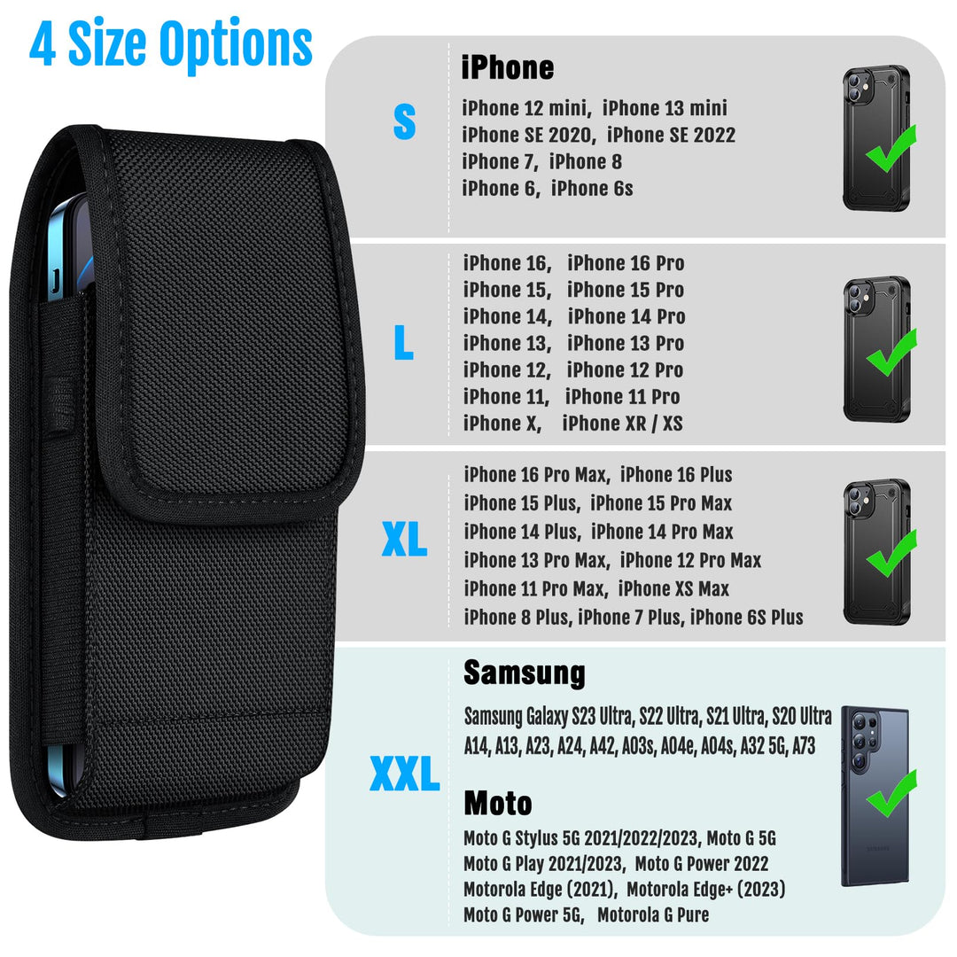 Cell Phone Pouch Nylon Belt Holster Case Compatible with iPhone 16, 16 Pro, 15, 15 Pro, 14 Pro, 14, 13, 13 Pro, 12, 12 Pro, 11, 11 Pro, XR, Samsung Galaxy S20 S21 S22 S23 S24,Black–L